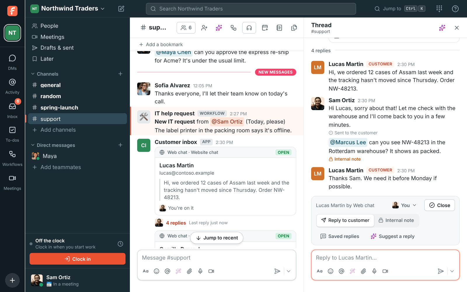 #support with a customer’s web chat conversation: Sam’s reply, an internal note for Marcus and the bar to hand off, close, use a saved reply or suggest one with AI