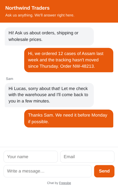 The web chat on a phone: Northwind Traders’ greeting, Lucas’s question about his order and Sam’s answer