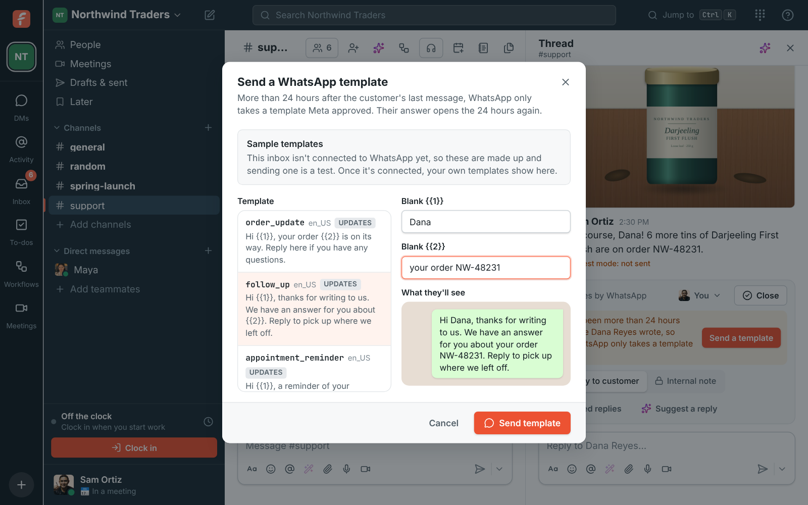 Send a WhatsApp template: the follow_up template picked and its blanks filled in for Dana