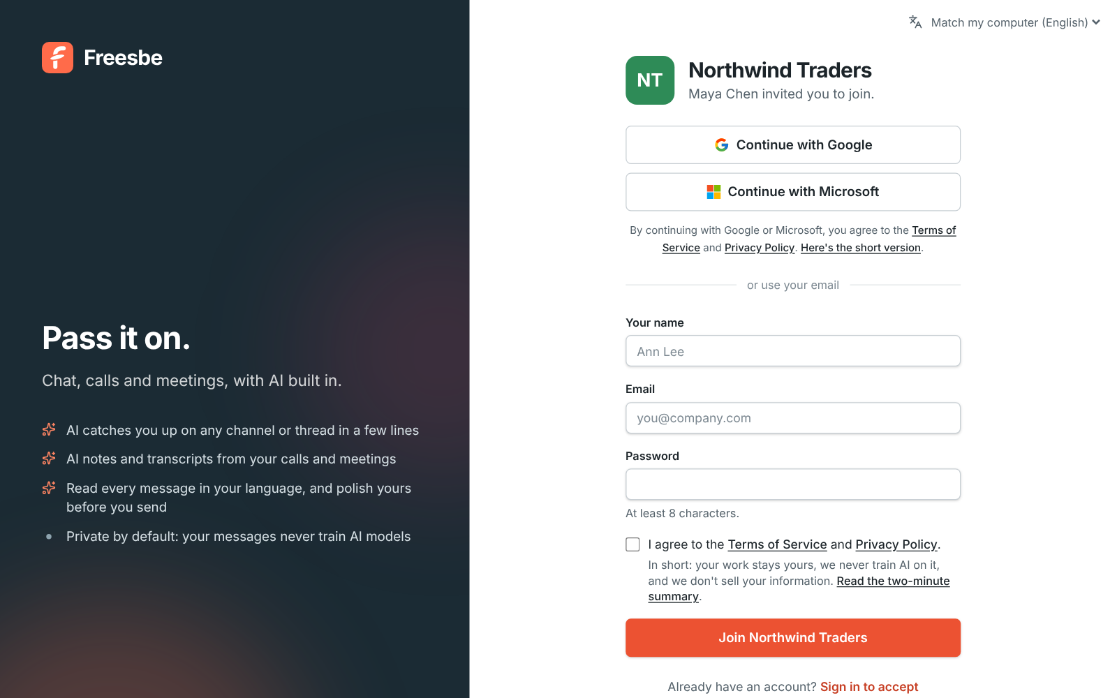 The invite page: Maya Chen invited you to join Northwind Traders, with your name, email and password, and a link to the desktop app