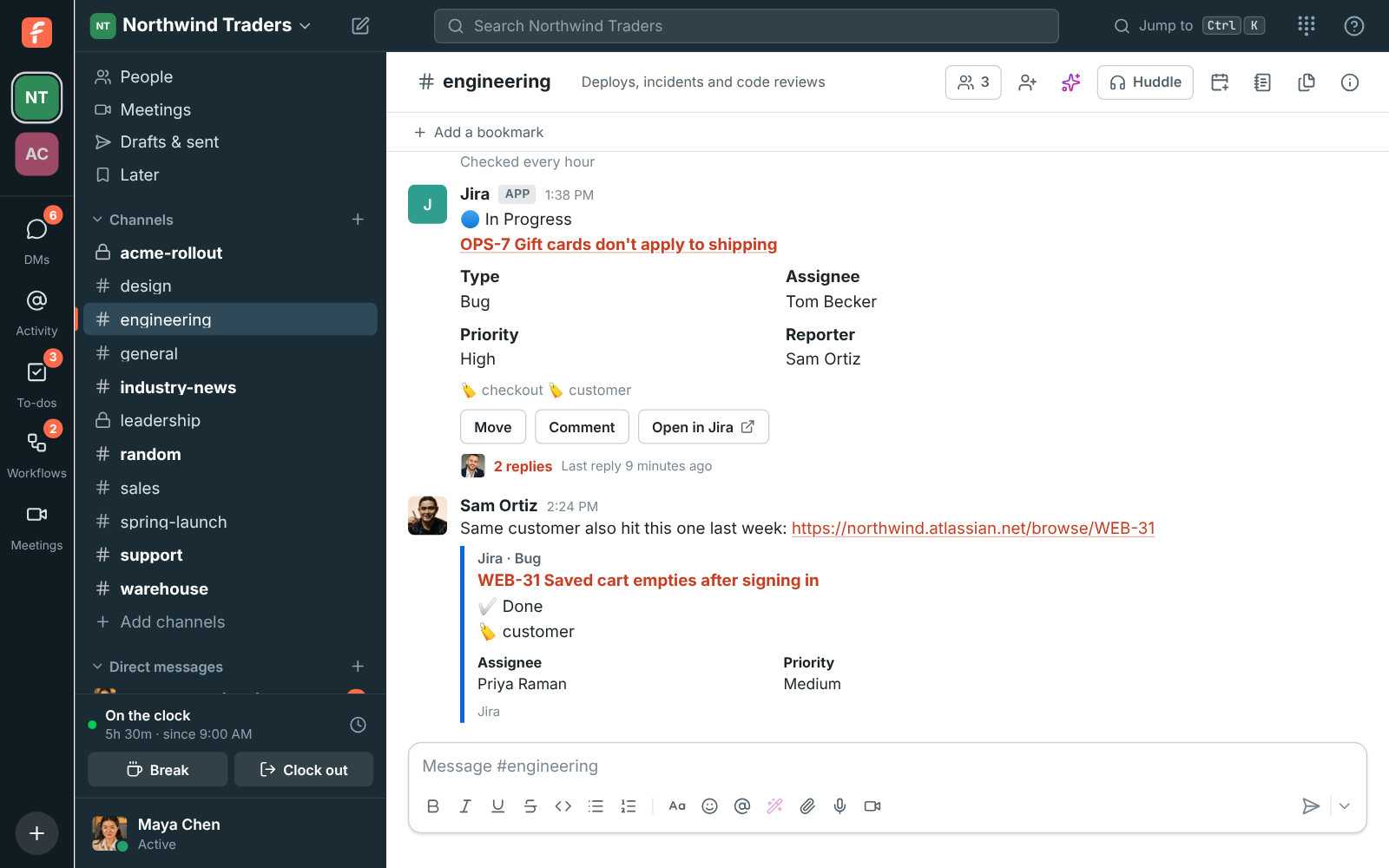 #engineering with Jira issue cards, one In Progress and assigned to Tom with replies under it, and a preview of another issue Sam linked