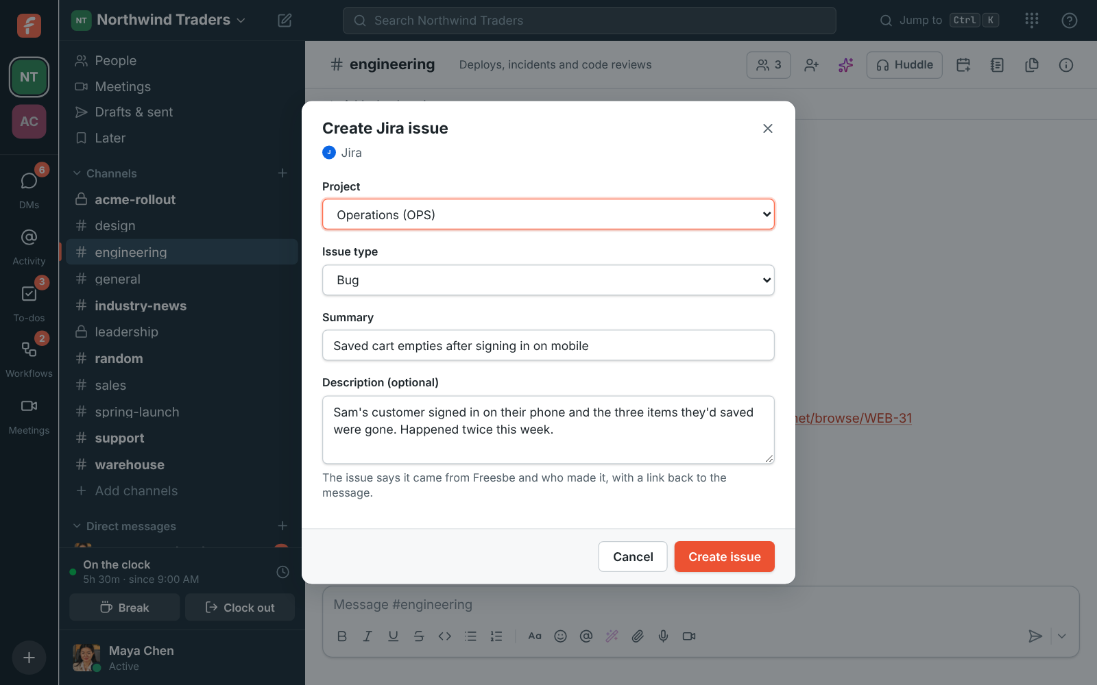 Create Jira issue: the Operations project, a Bug, and a summary and description filled in from the message