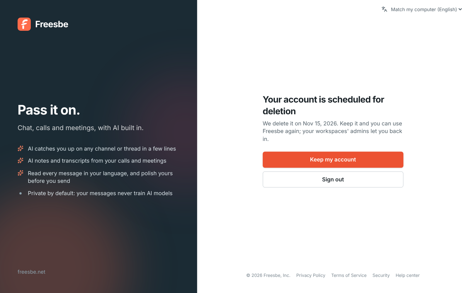 Your account is scheduled for deletion, with the date, a Keep my account button and Sign out