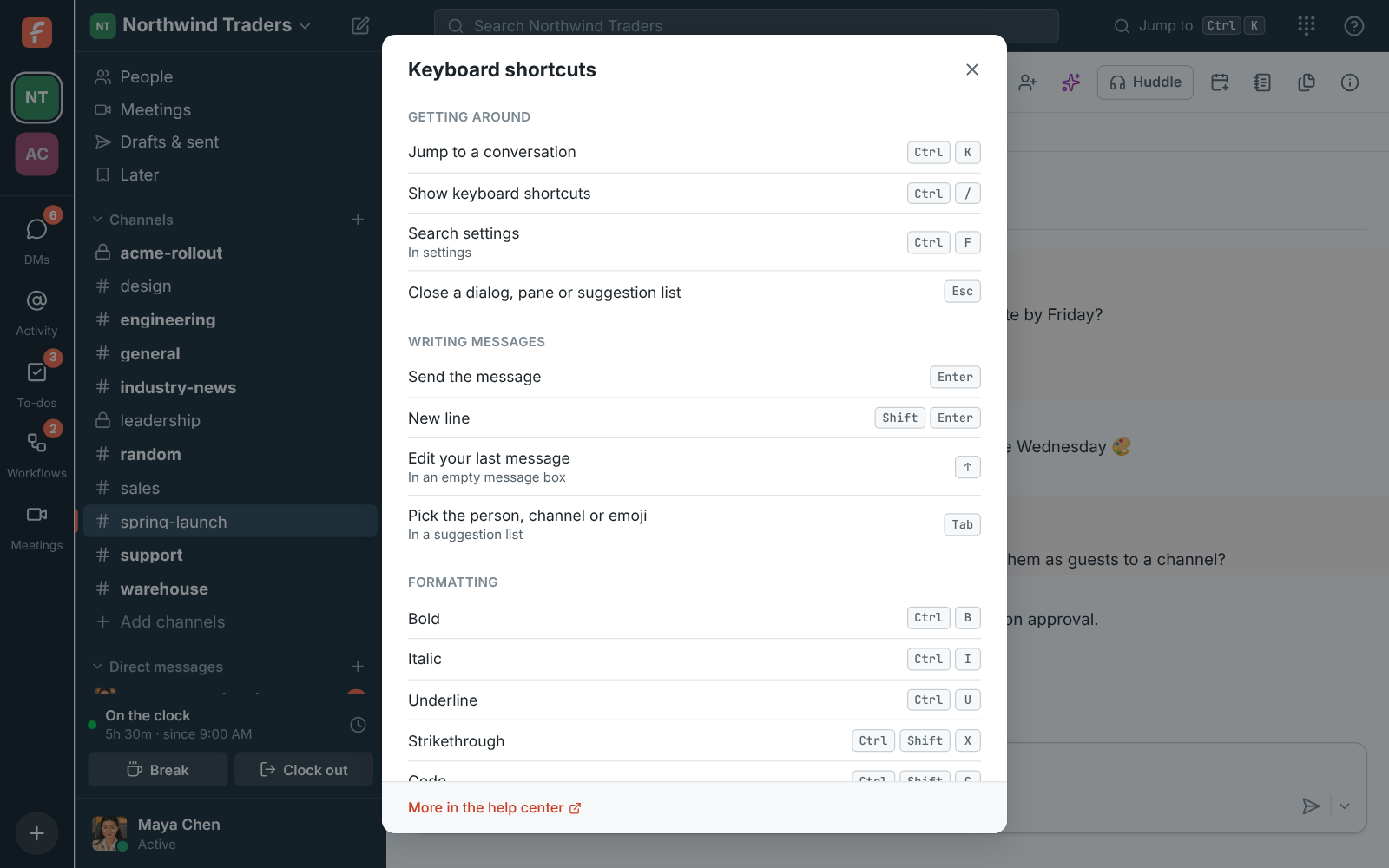 The Keyboard shortcuts dialog, grouped into getting around, writing messages and formatting
