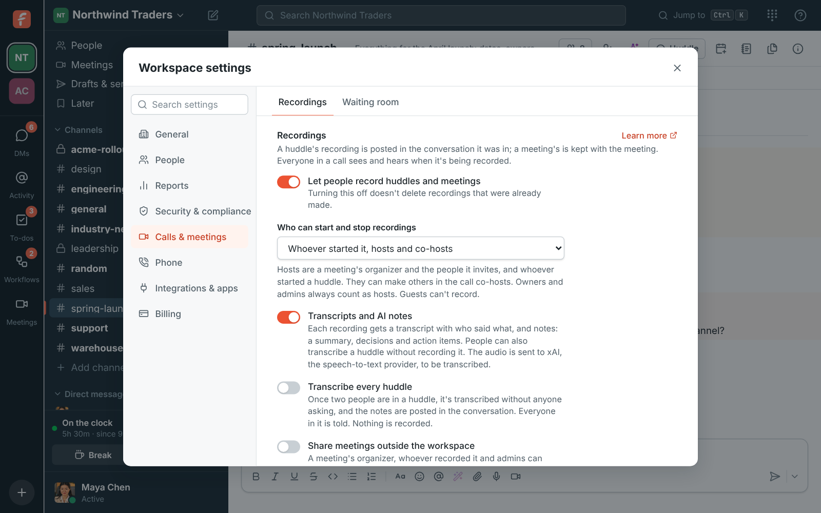 Workspace settings with a Learn more link next to Recordings