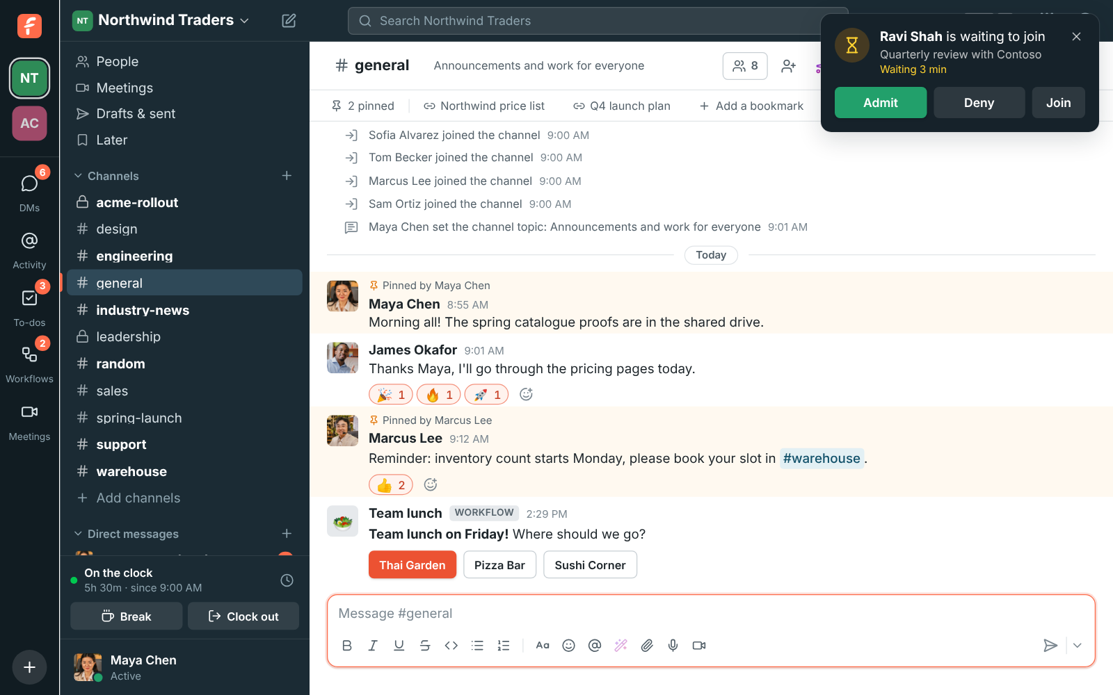 A card in the corner of Freesbe: Ravi Shah is waiting to join Quarterly review with Contoso, waiting 3 min, with Admit, Deny and Join buttons