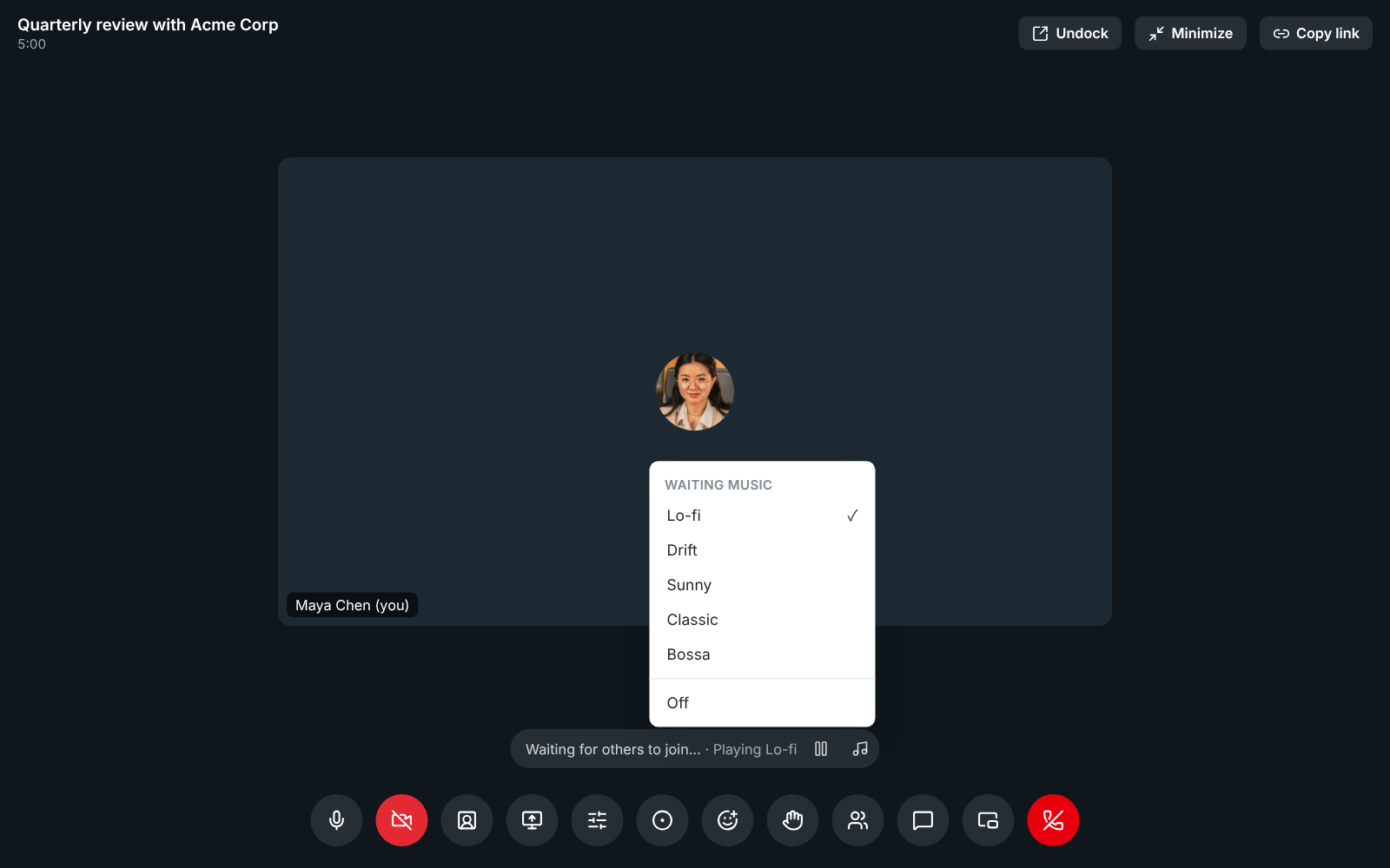 A meeting with only Maya Chen in it: “Waiting for others to join… · Playing Lo-fi” under the tile, and the music menu open with Lo-fi, Drift, Sunny, Classic, Bossa and Off