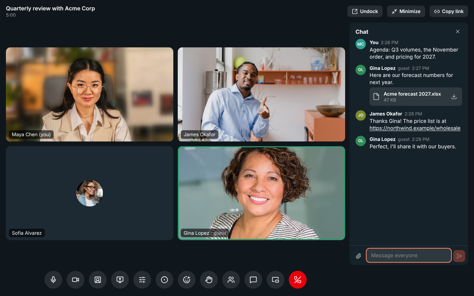 A meeting with the chat open: Maya’s agenda, a spreadsheet Gina Lopez from Acme Corp sent, James’s link to the price list, and the message box
