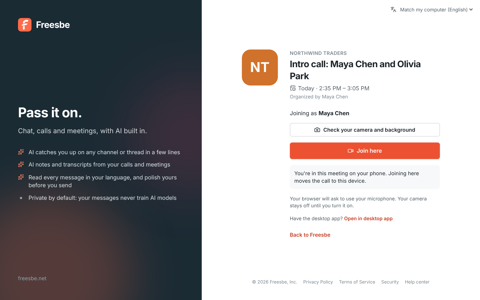 The meeting page for Intro call: Maya Chen and Olivia Park, with Join here and You’re in this meeting on your phone. Joining here moves the call to this device.