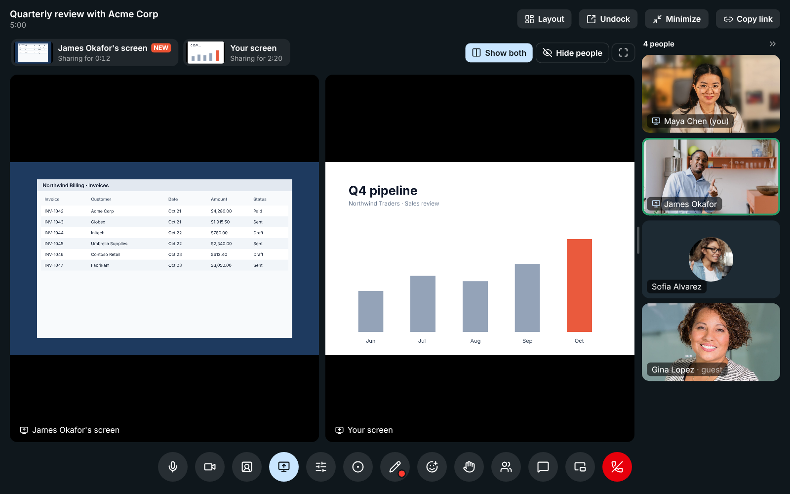Show both: James’s invoices and Maya’s chart side by side, with the people column on the right