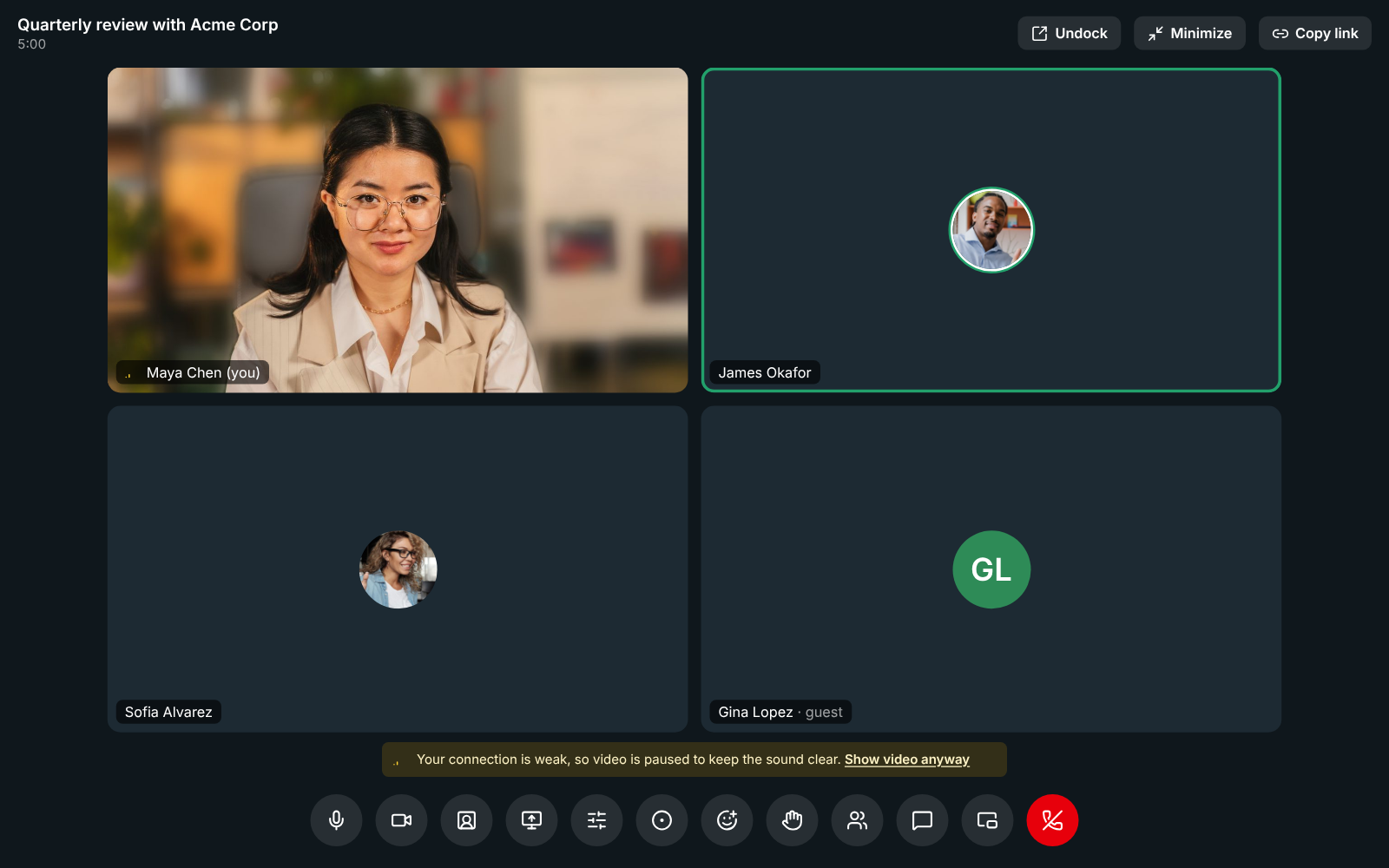 A meeting on a weak connection: the others show their pictures, and a note says video is paused to keep the sound clear, with Show video anyway