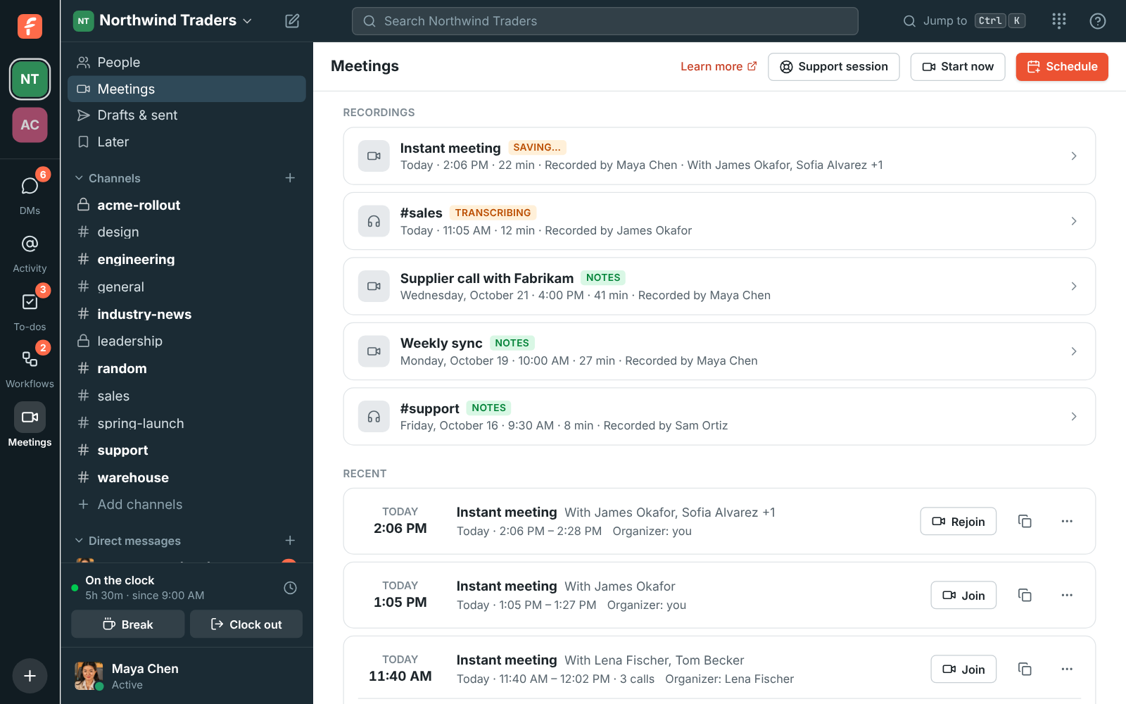 The Meetings page right after an instant meeting with James, Sofia and a guest: its recording listed as Saving…, and the meeting under Recent with who was in it and a Rejoin button