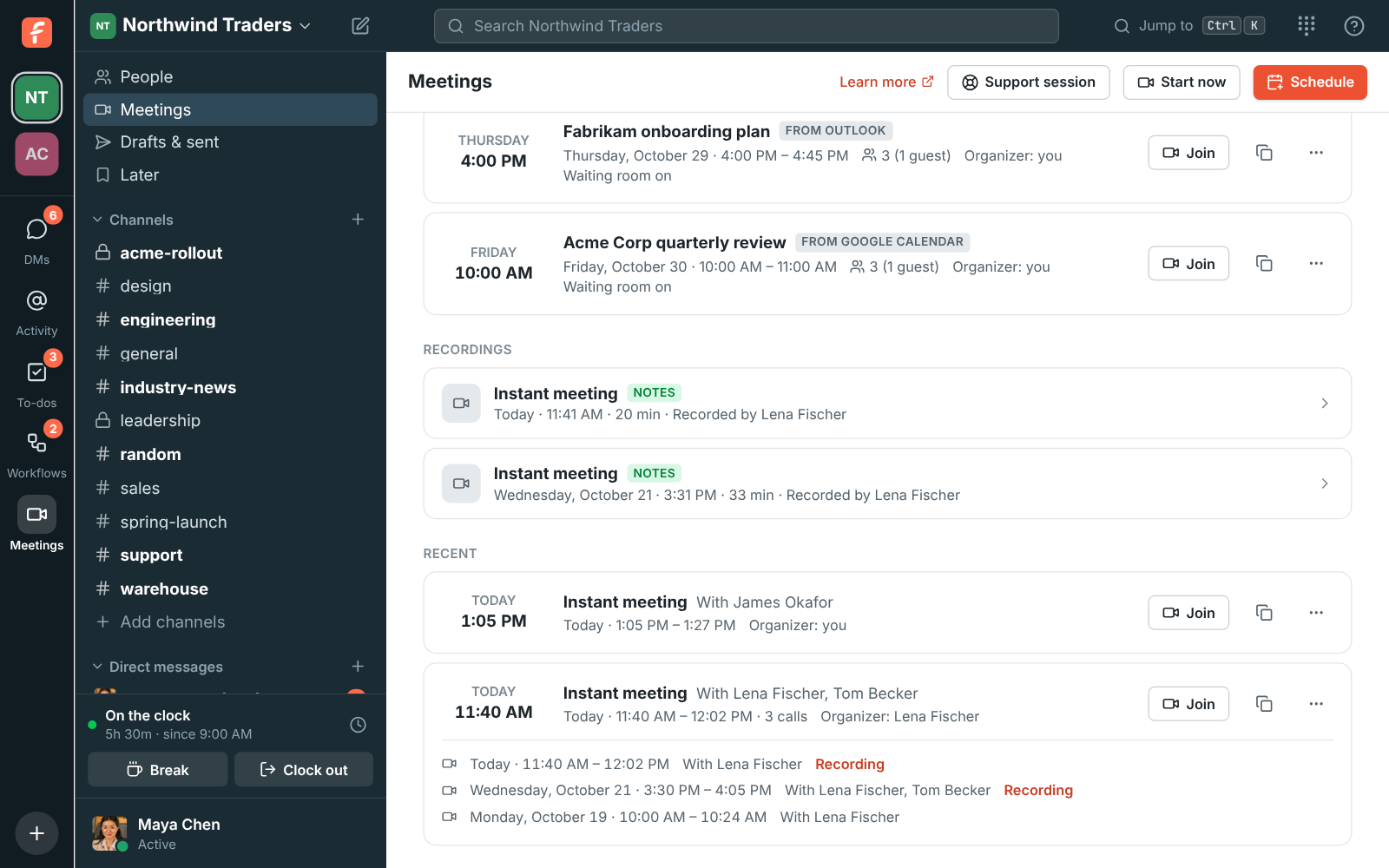 An instant meeting the team came back to: Recent lists its three calls, each with its time, the people in it and a Recording link