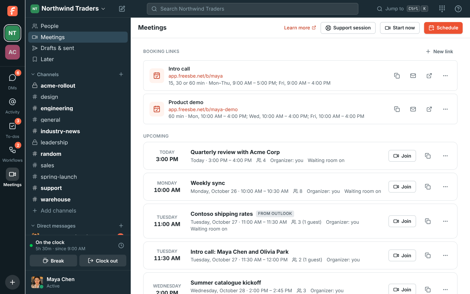 The Meetings page: an open meeting shows who is in the call, and a guest waiting to join with Deny and Admit buttons