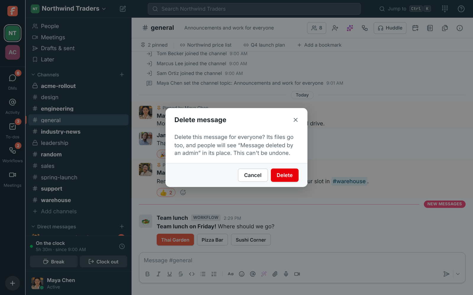 Delete message: delete this message for everyone, its files go too