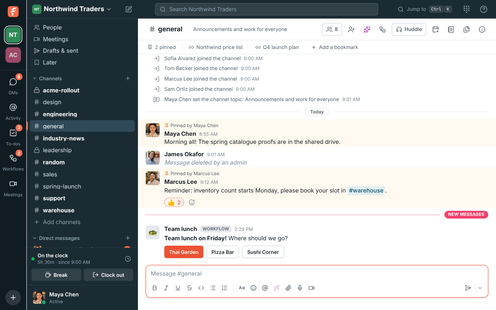 #general with “Message deleted by an admin” where James’s message was
