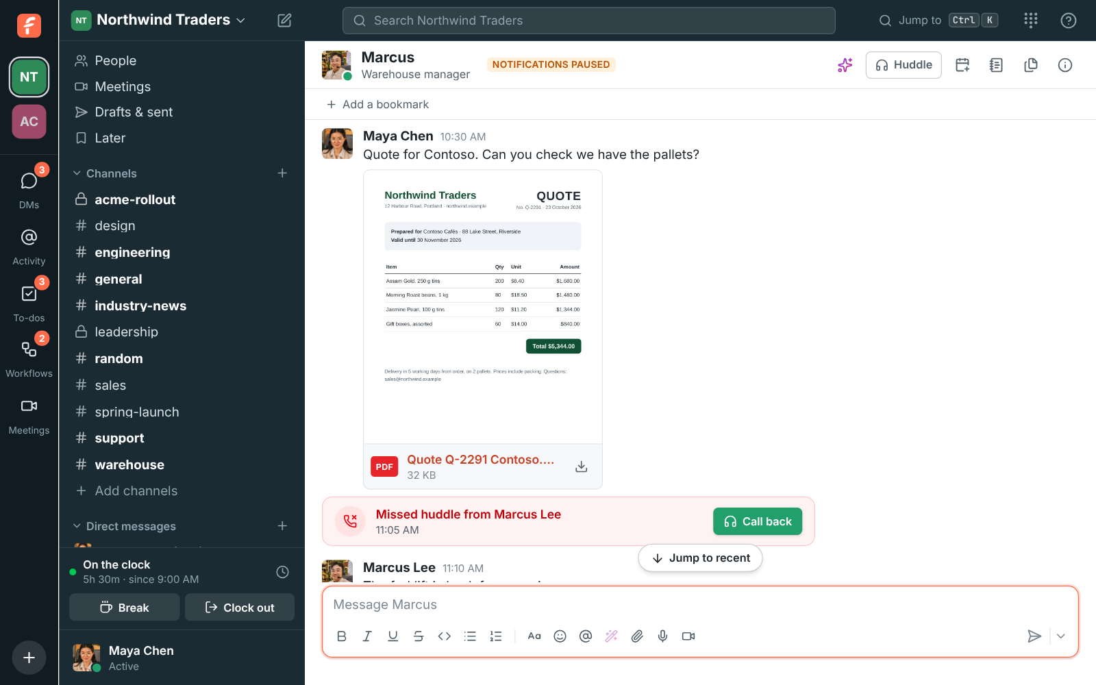 Maya’s DM with Marcus: the Contoso quote PDF showing its first page, with PDF, its name and size under it