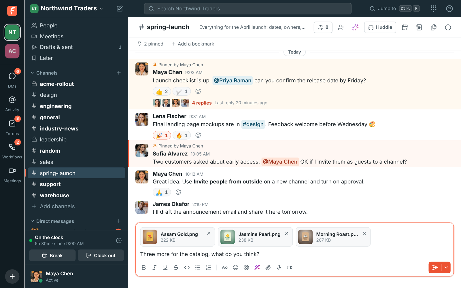 Three product pictures uploaded and waiting above the message box in #spring-launch