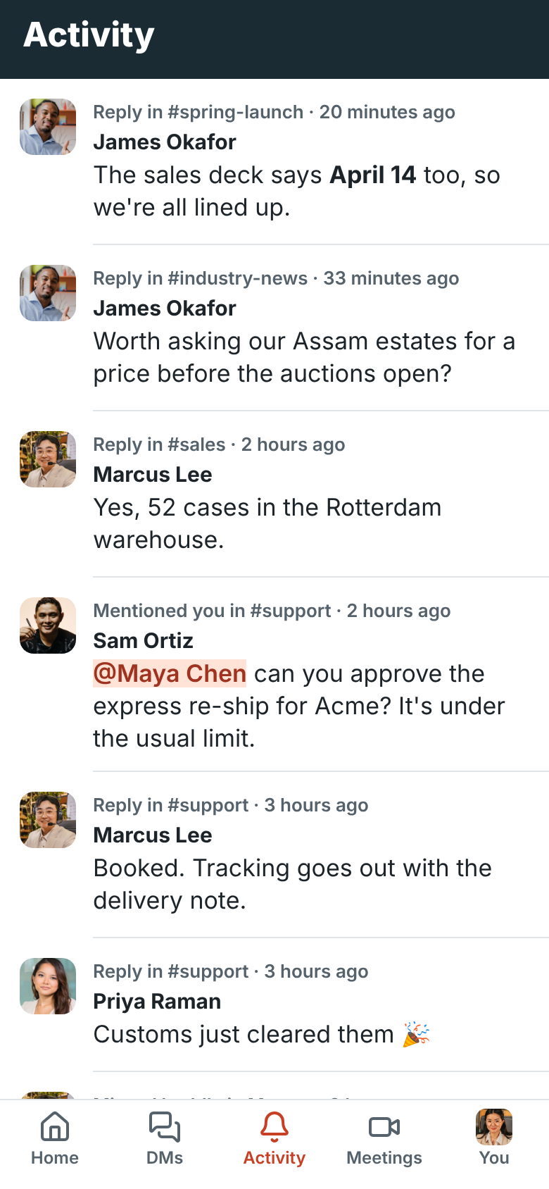 Activity: mentions in #support and #spring-launch, and replies in threads you follow