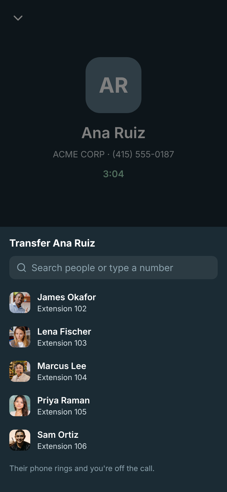 Transfer Ana Ruiz: a search box, then colleagues with their extensions