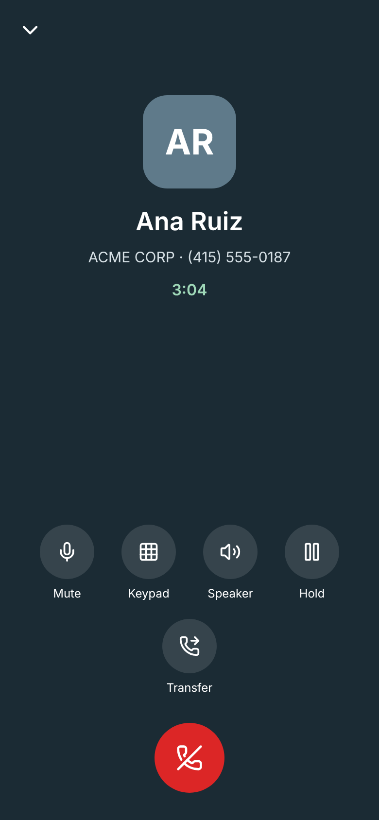 On a call with Ana Ruiz for three minutes, with Mute, Keypad, Speaker, Hold, Transfer and End call