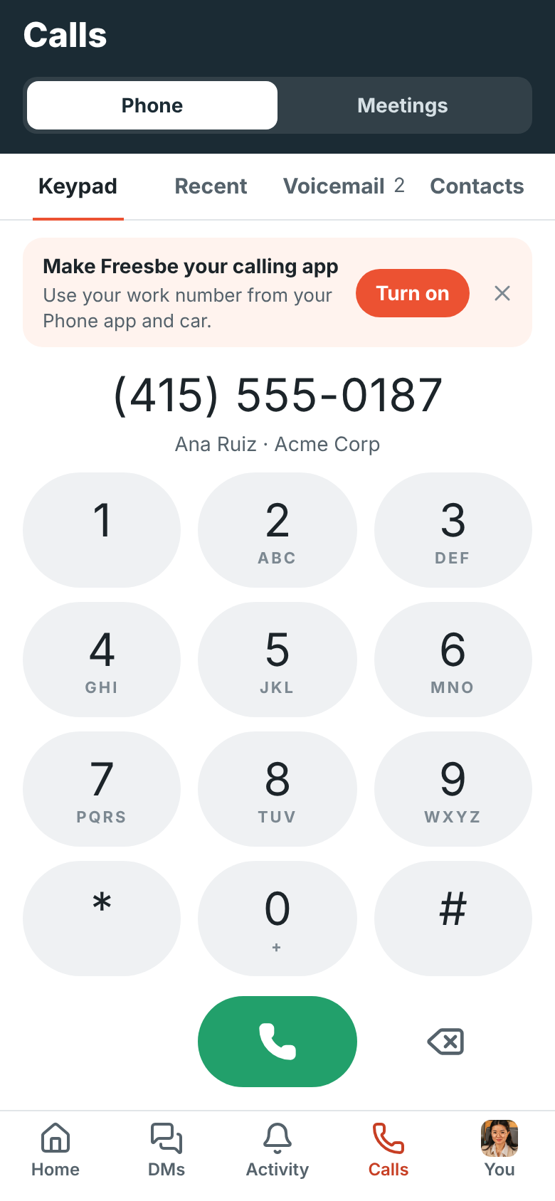 The Calls tab’s keypad in the Freesbe app