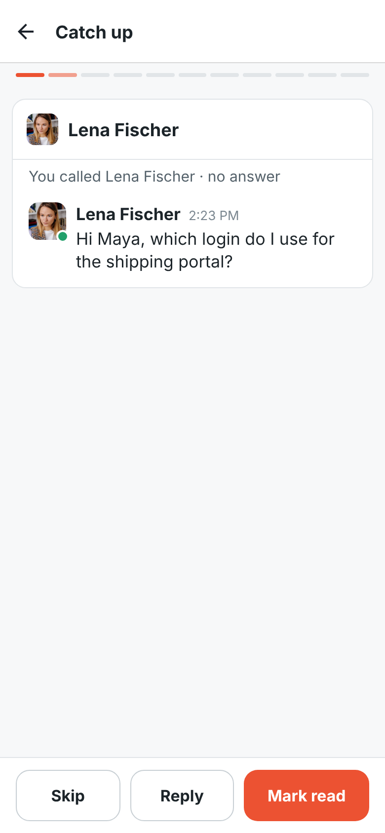 Catch up on a phone: an unread DM from Lena Fischer, a progress bar along the top, and Skip, Reply and Mark read buttons