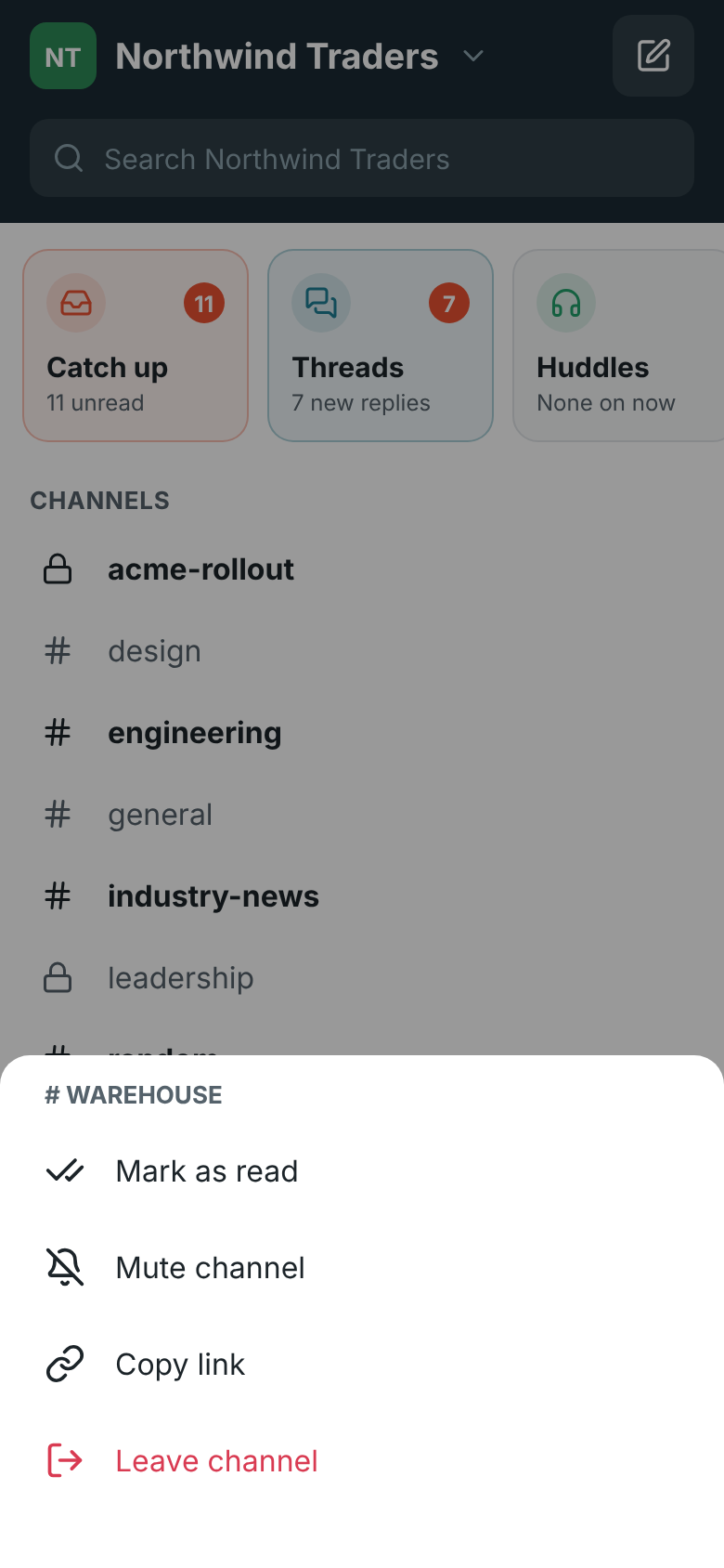 Holding #warehouse on the Home tab: Mark as read, Mute channel, Copy link and Leave channel