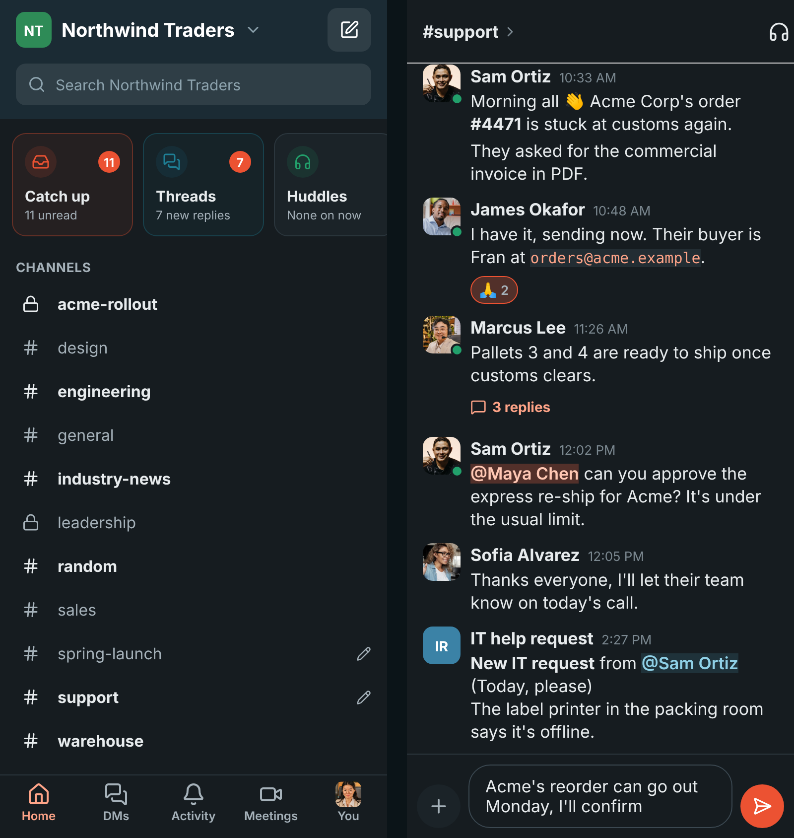 Home and a conversation in dark mode