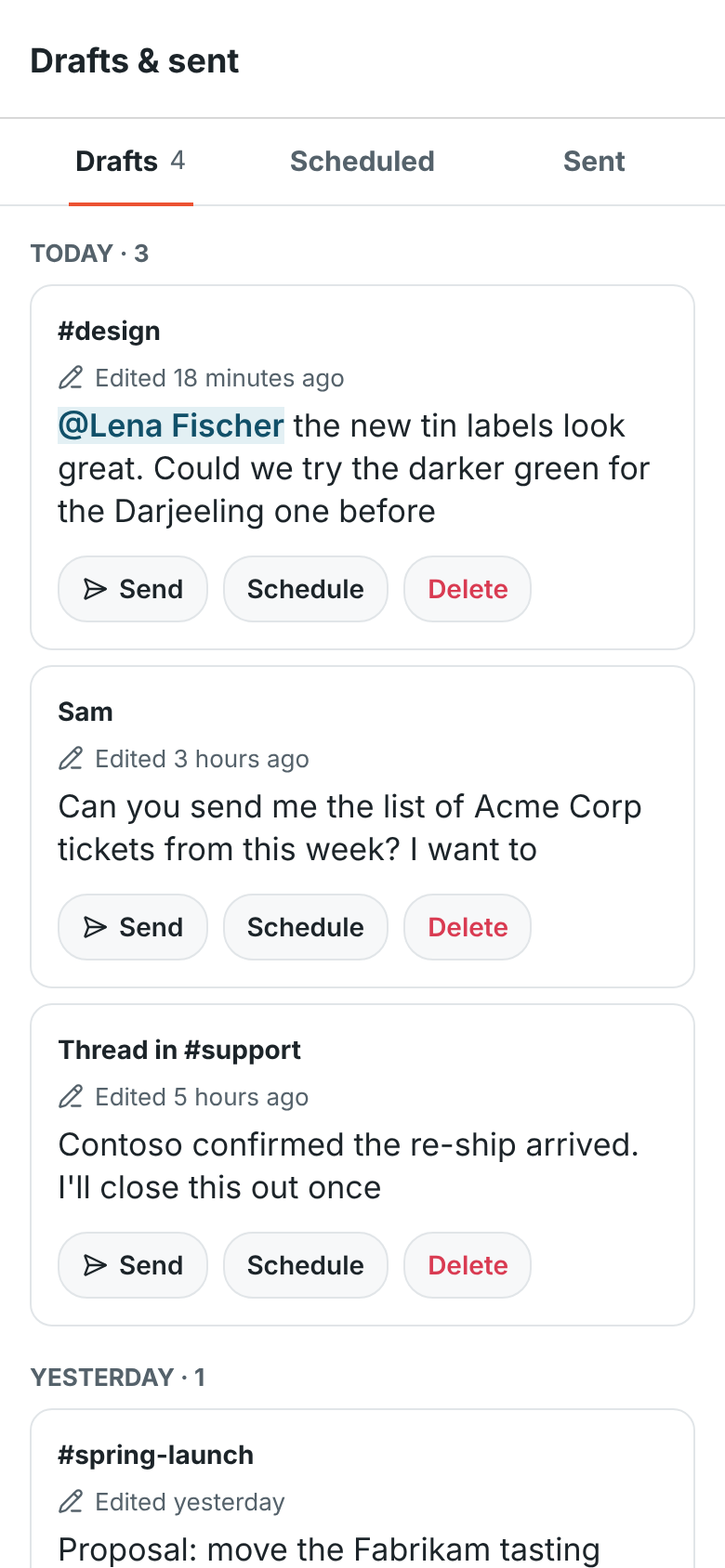 Drafts on the phone: drafts for #design, a DM with Sam and a thread in #support, each with Send, Schedule and Delete
