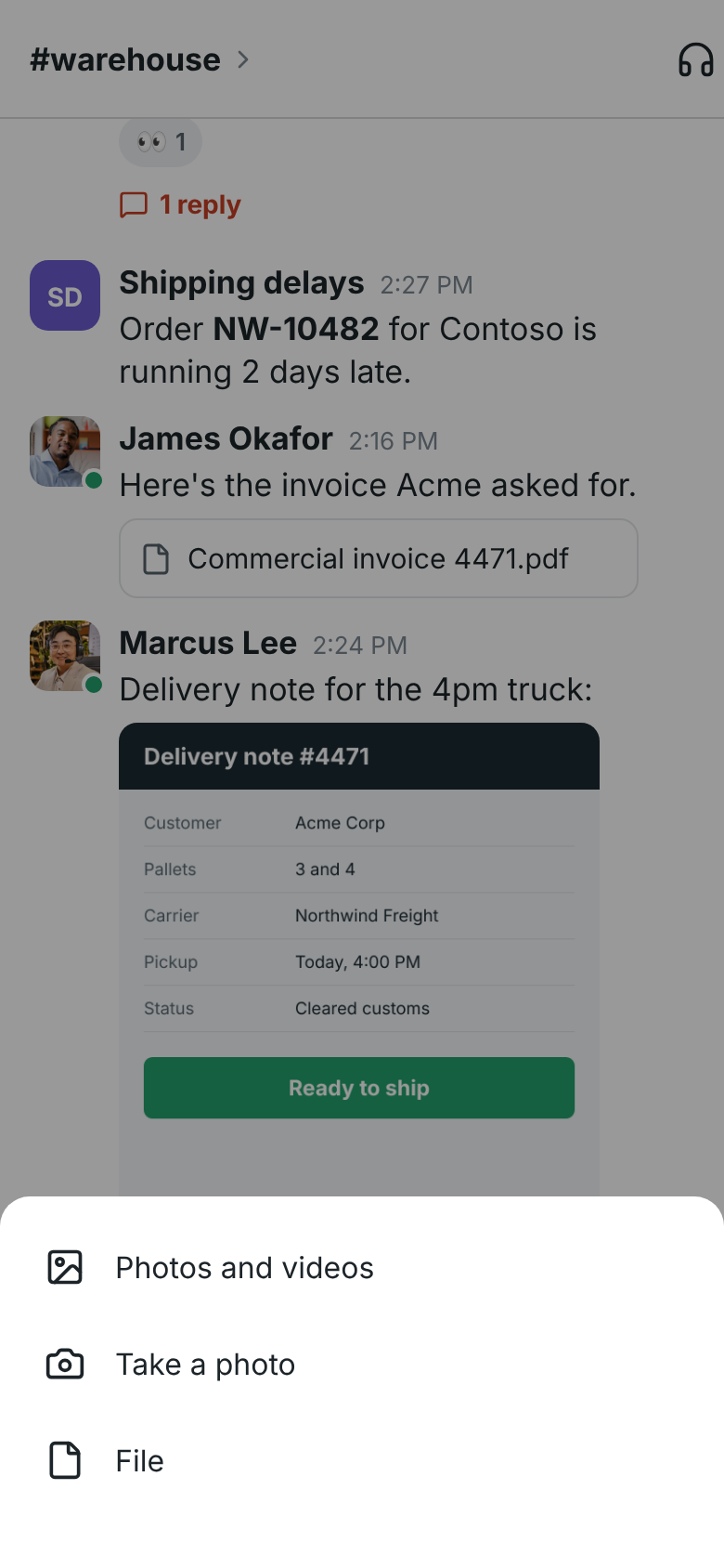 The + menu over a conversation: Photos and videos, Take a photo and File