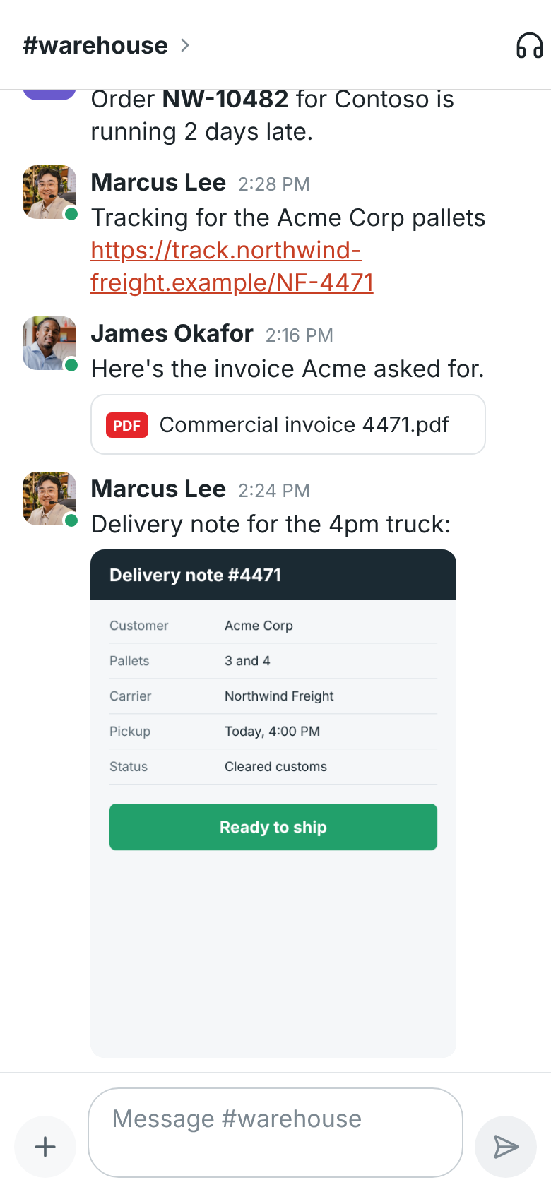 #warehouse with a PDF invoice and a delivery note picture in the conversation