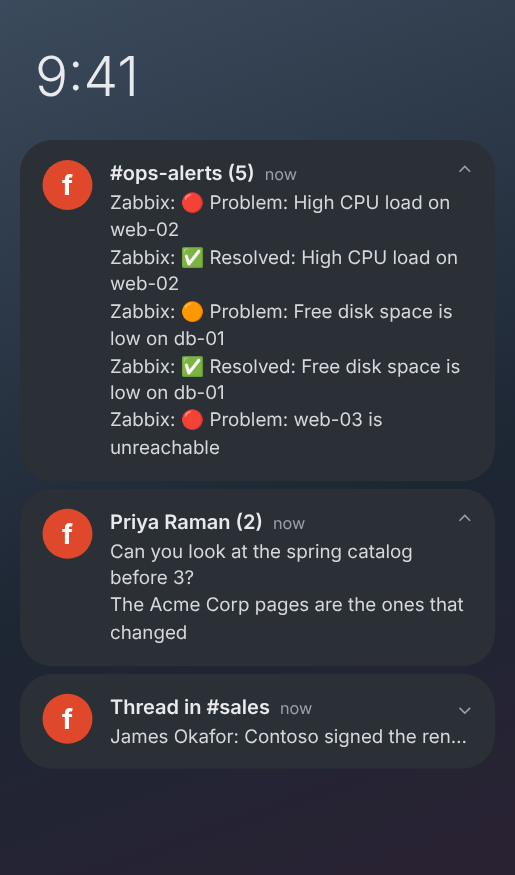 An Android notification shade with one notification each for #ops-alerts (5 alerts), Priya Raman (2 messages) and a thread in #sales