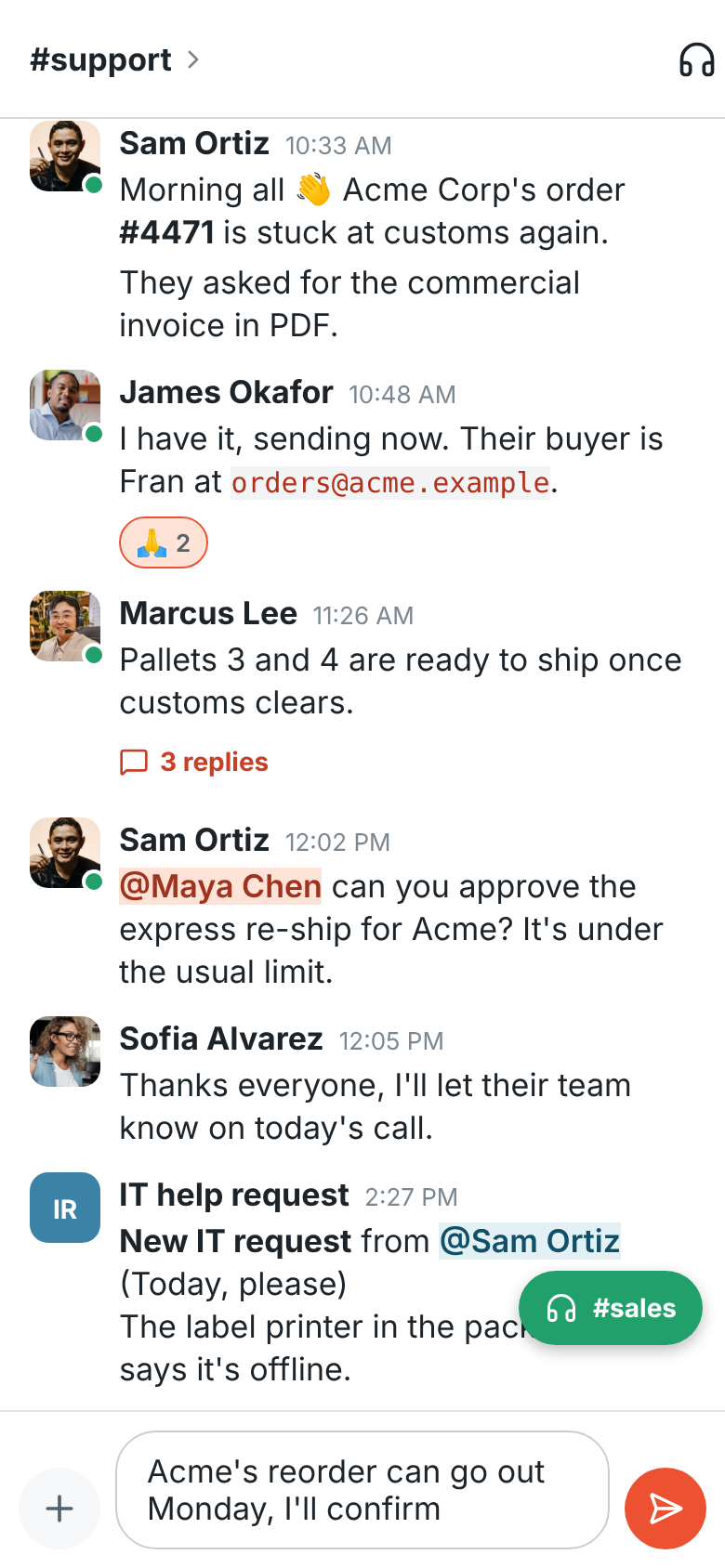 A conversation with the green #sales bubble that returns to the huddle
