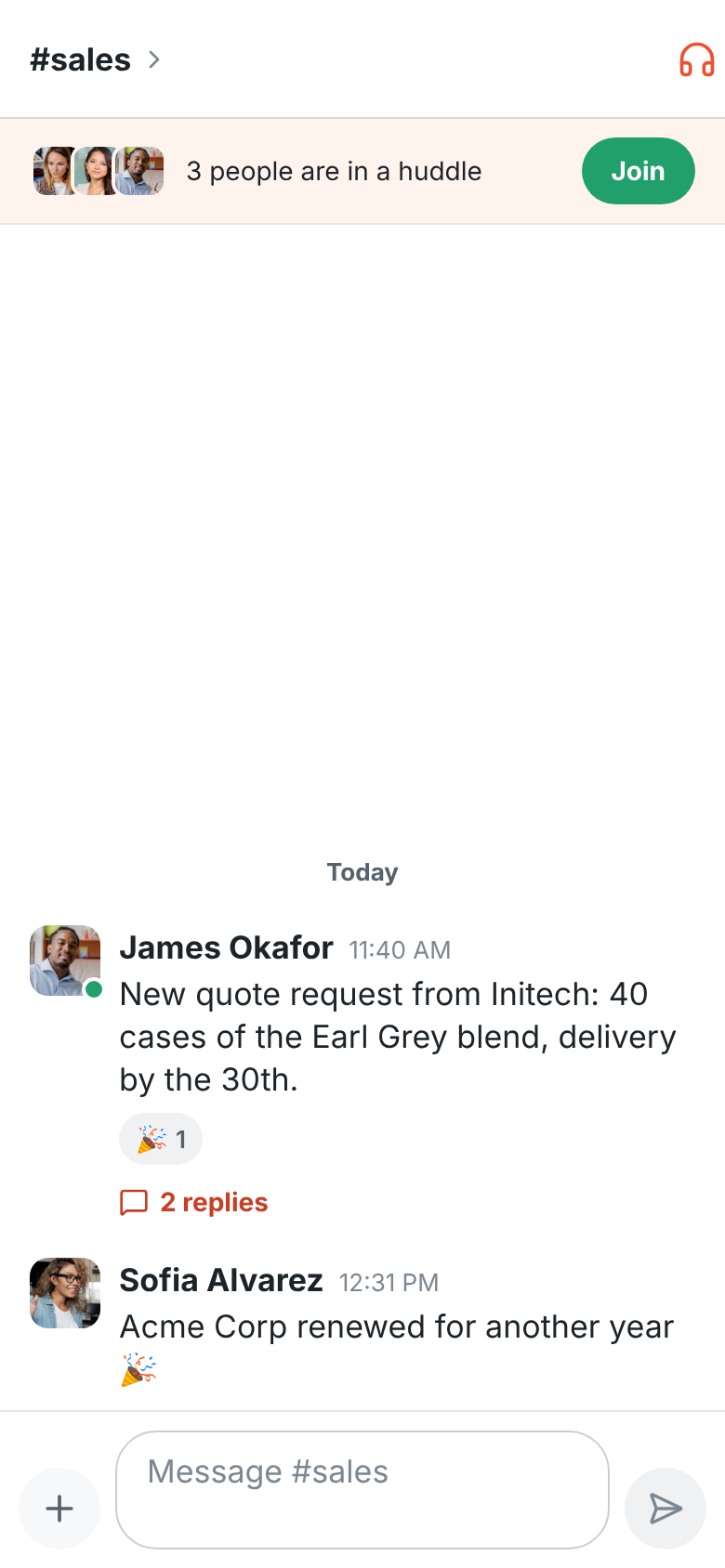 #sales with 3 people are in a huddle and a Join button above the messages