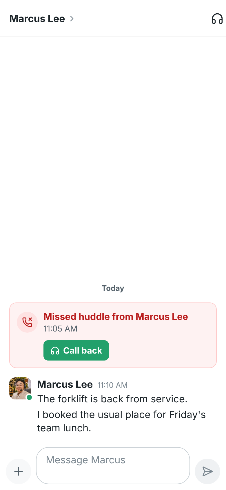 Marcus Lee’s DM on a phone with Missed huddle from Marcus Lee and Call back