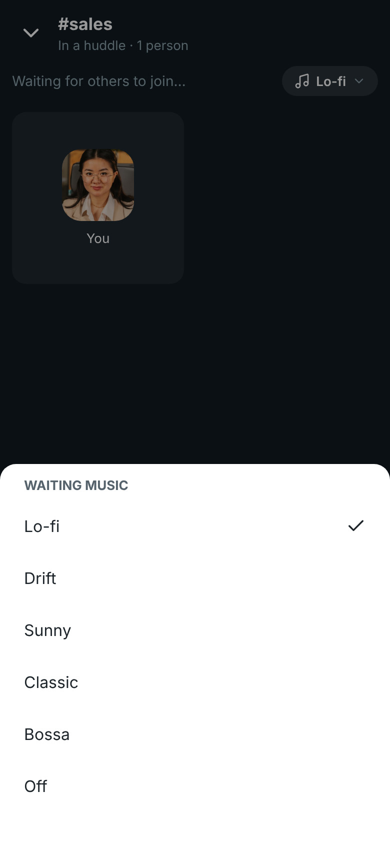 Waiting music: Lo-fi (ticked), Drift, Sunny, Classic, Bossa and Off