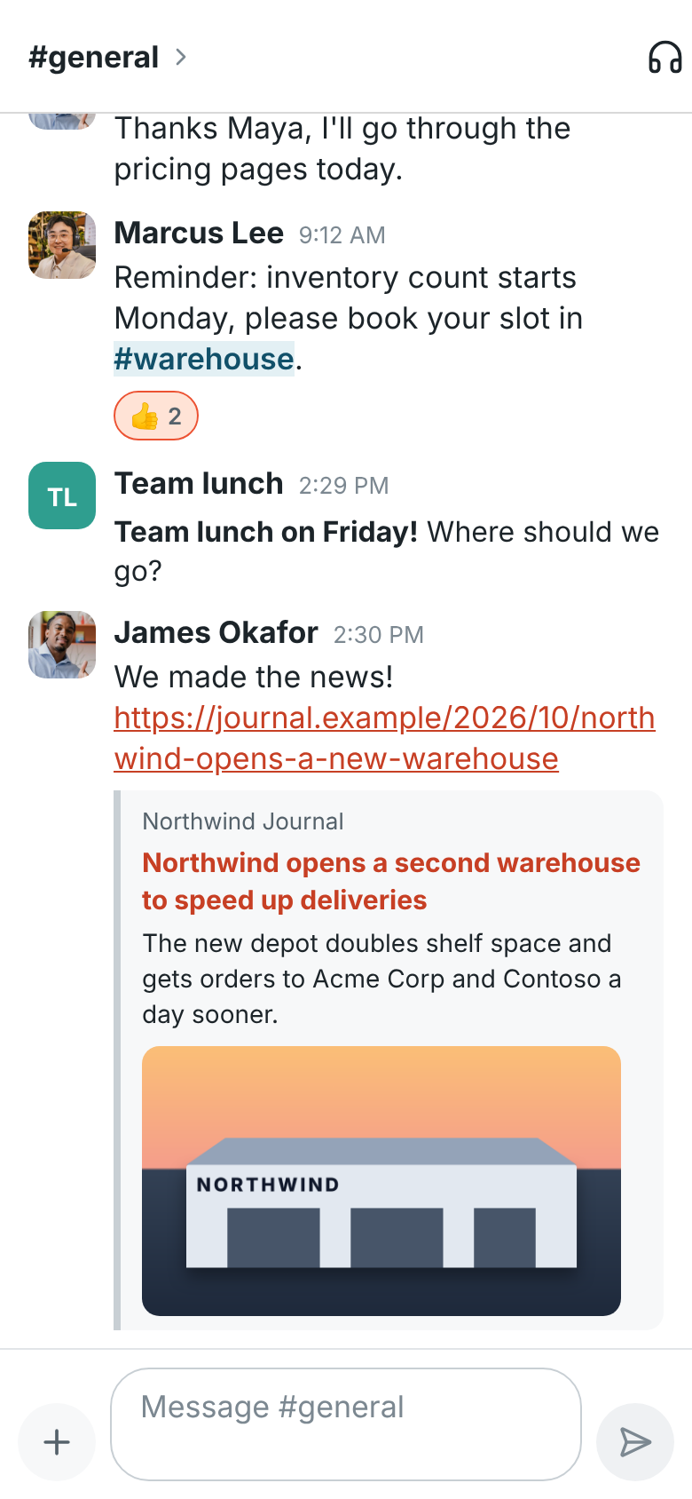 James’s message in #general linking a Northwind Journal article, with the site, the title, a line and the article’s picture under it