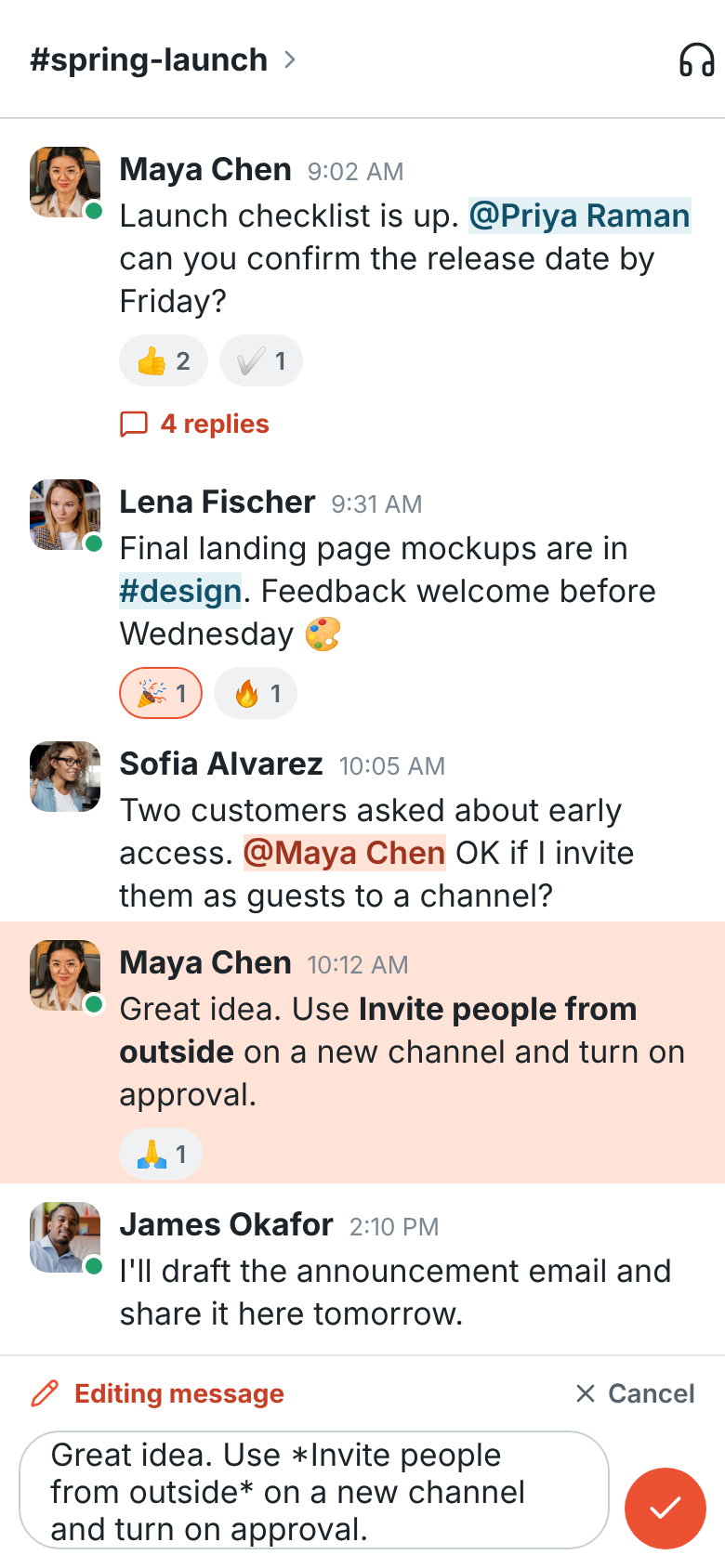Editing a message: it’s highlighted in the conversation and its text is in the message box, with Cancel