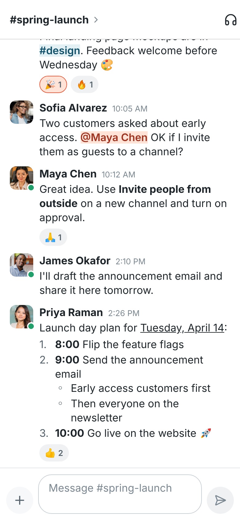 #spring-launch on a phone with a numbered launch plan, bullets nested under one step and an underlined date