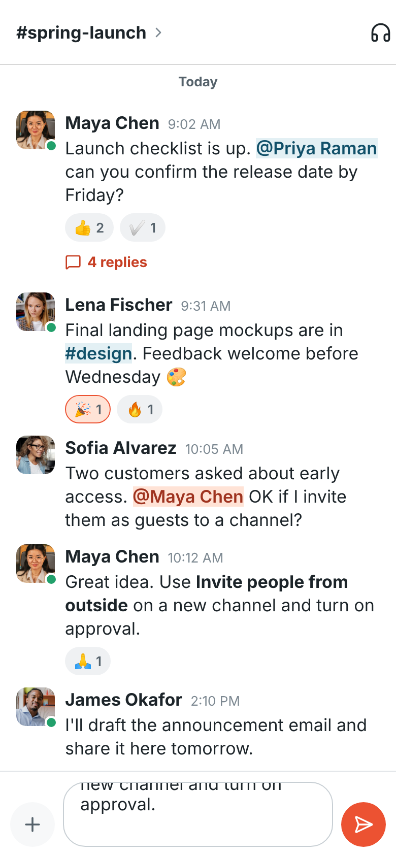 Quote in reply: Maya’s message quoted in the message box at the bottom of #spring-launch