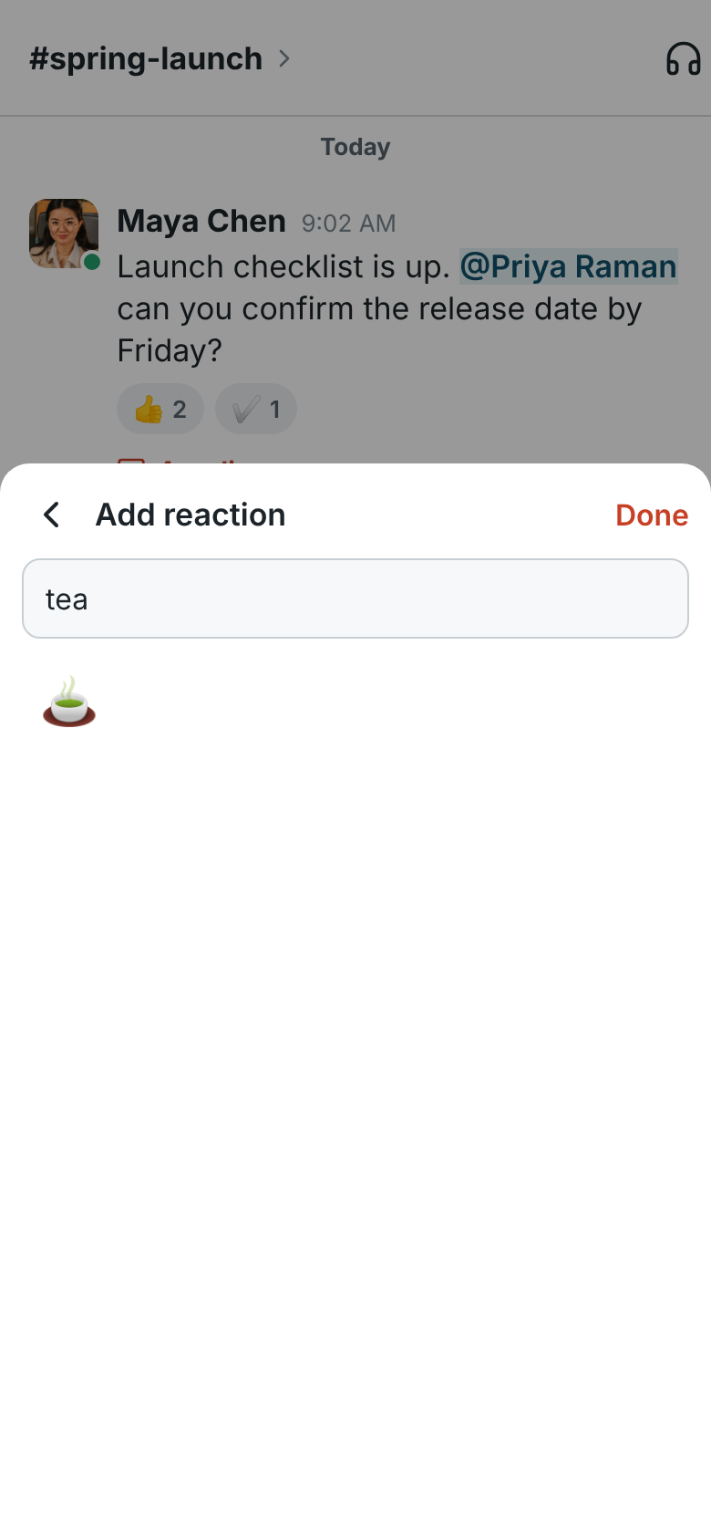 Add reaction on a phone: every emoji, searched for tea