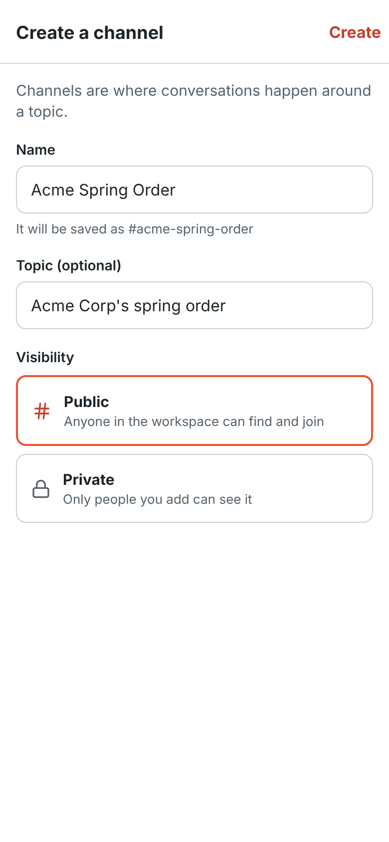 Creating a channel on a phone: its name, topic, and Public or Private