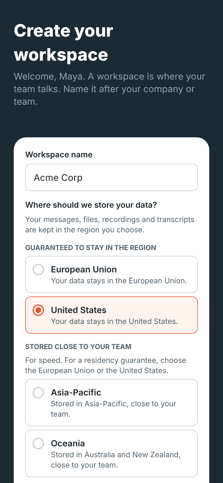Create your workspace on the phone: the name Acme Corp and where to store your data, with the United States picked
