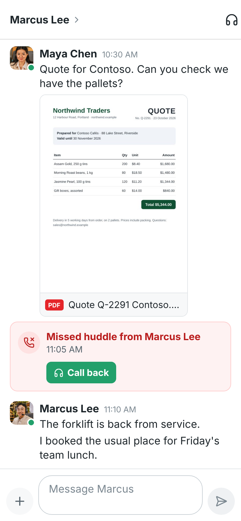 Maya’s DM with Marcus on the phone: the Contoso quote PDF showing its first page, with PDF and its name under it