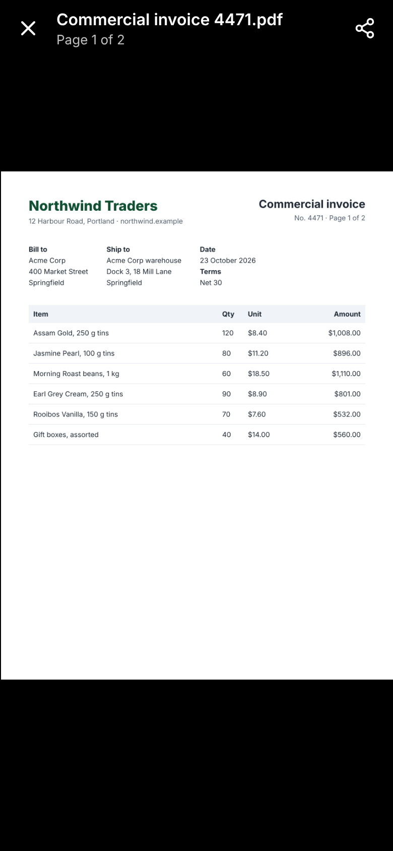The invoice’s first page opened on its own to zoom in, with Page 1 of 2 at the top