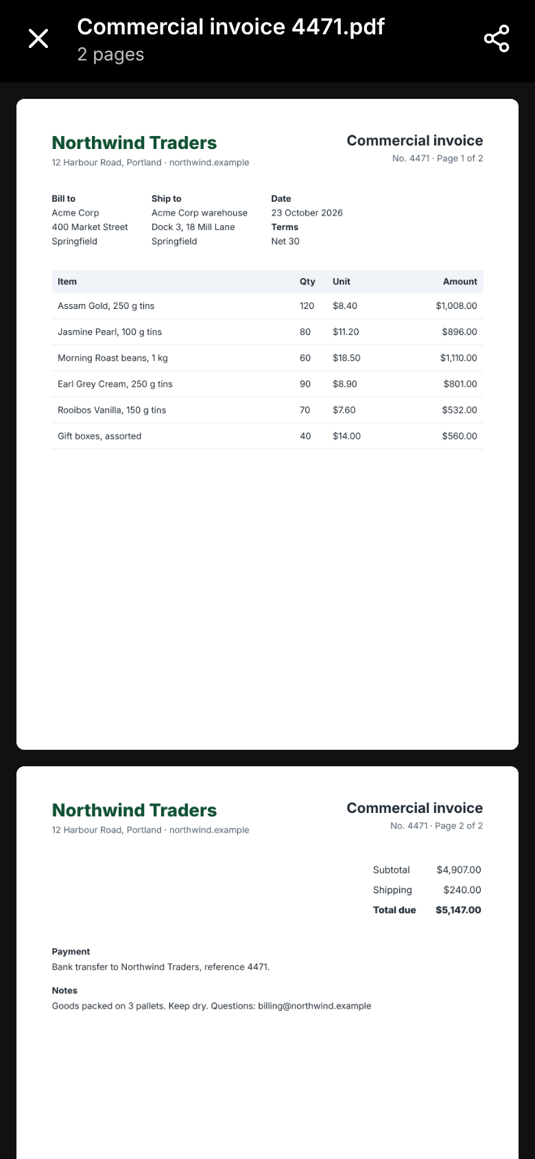 Northwind’s invoice for Acme Corp open on the phone, two pages under the file’s name with Close and Share