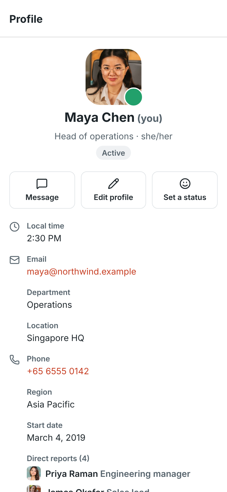 Maya Chen’s own profile on a phone with Message, Edit profile and Set a status