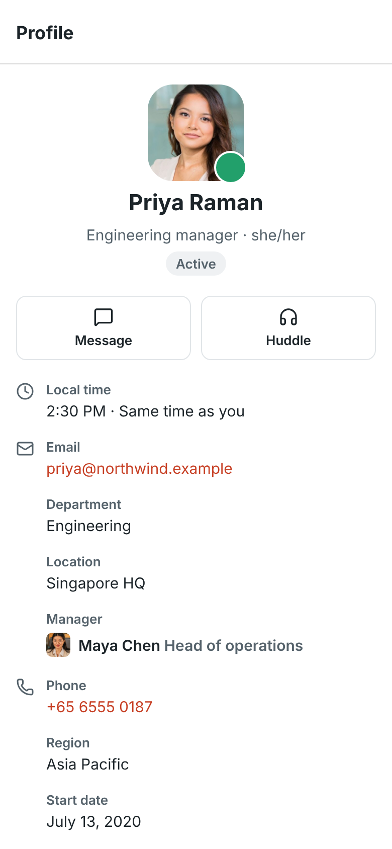 Priya Raman’s profile on a phone: her title, Active, local time, email, Message and Huddle buttons, and her phone and department