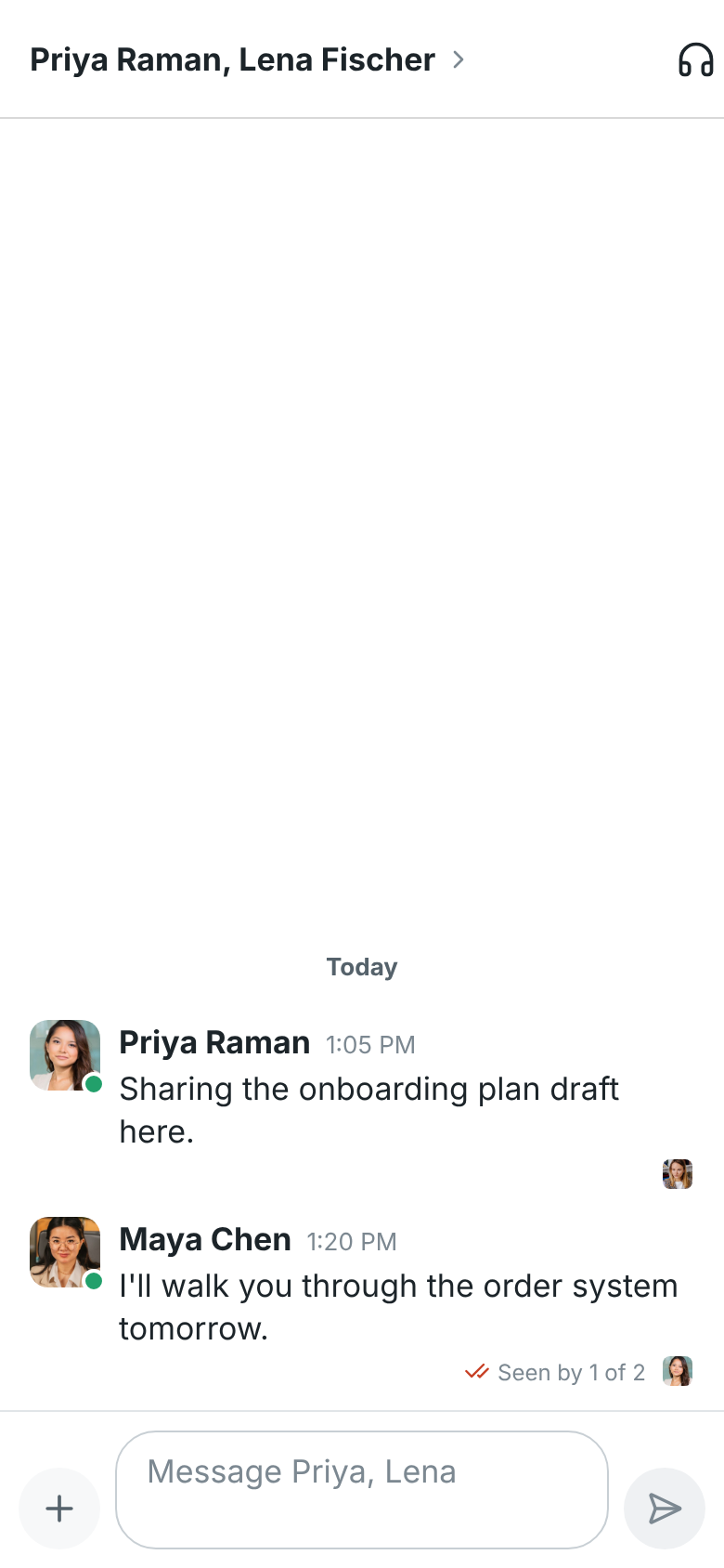 The group DM with Priya and Lena on a phone: their pictures under the messages they read, and Seen by 1 of 2 under Maya’s message
